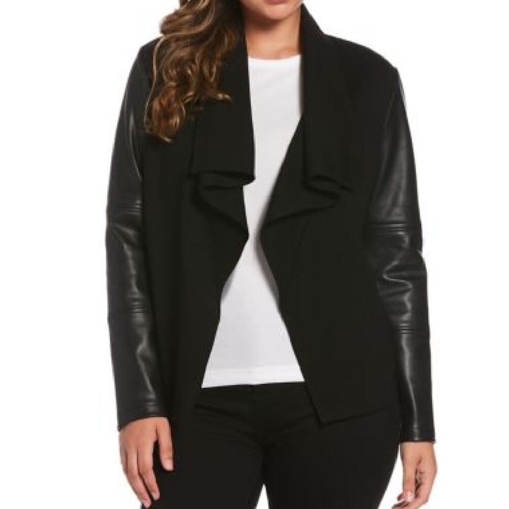 Rafaella black vegan leather and ponte draped front jacket size Large NWT